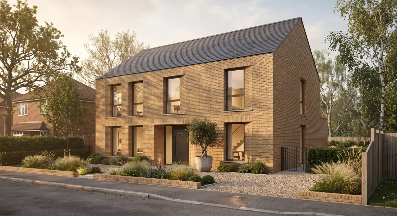 Visualisation of a two-storey brick house on an English street at sunset